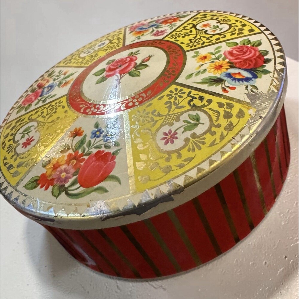 VTG Floral Red & Gold Striped Round Tin Canister Box Boho Cottagecore Shabby 5”